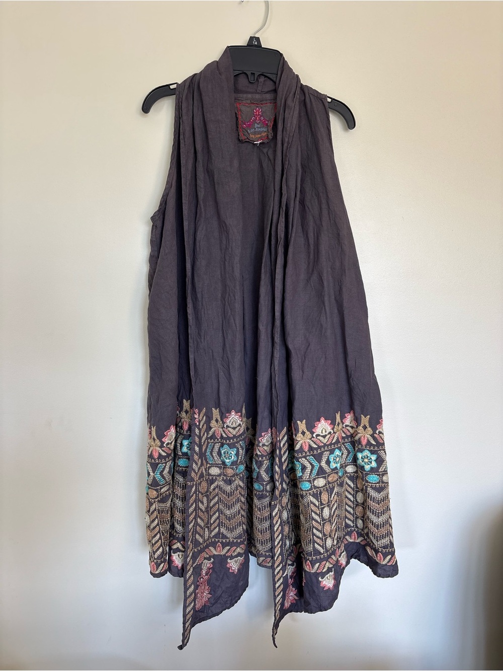 Johnny Was Embroidered Boho Draped Sleeveless Cardigan Vest Gray *no belt*